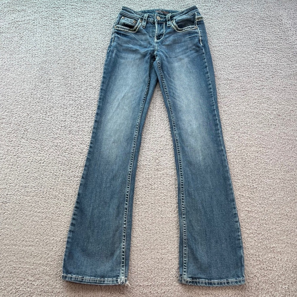 Shyanne Womens Bootcut Jeans Medium Wash Thick Stitch Rhinestone 26x34 Cowboy